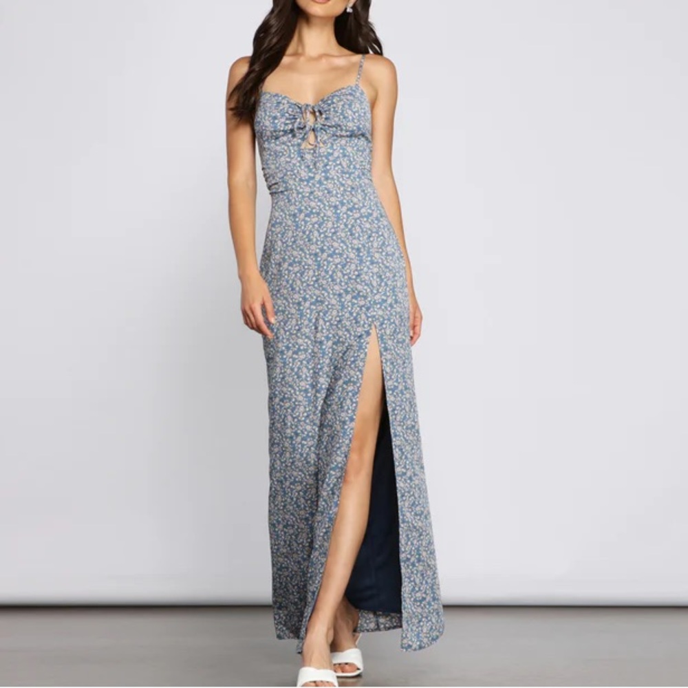 Blue Floral Maxi Dress with High Slit and Peekaboo Cutout - Size M Medium
